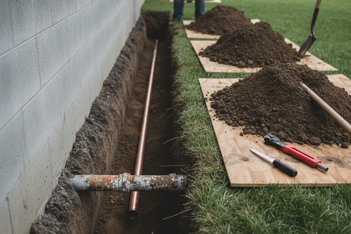 Excavated water line trench during Water Heater Repair in Cordova